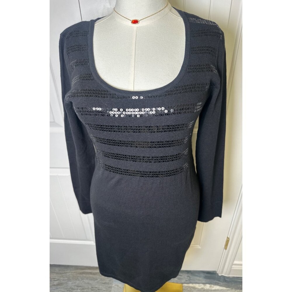 White House Black Market Women Long Sleeves Pullover Sweater Dress Black Sz L - Picture 2 of 9